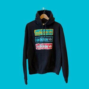 Men’s Adidas Black with Colorful Logos Pullover Hooded Sweatshirt-Size‎ Medium
